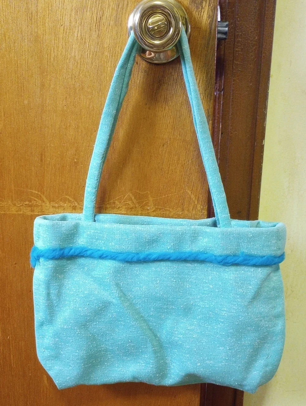 Vintage Retro Green Fabric Tote Purse w/ Aqua Trim & Red Interior